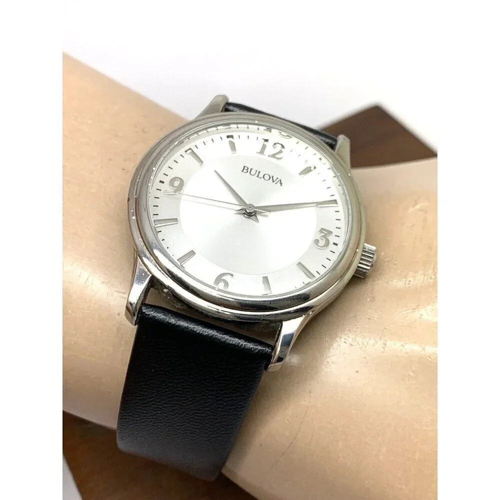 Bulova Men's Watch 96A28 Quartz Logo Silver Dial Black Leather Strap 38m…